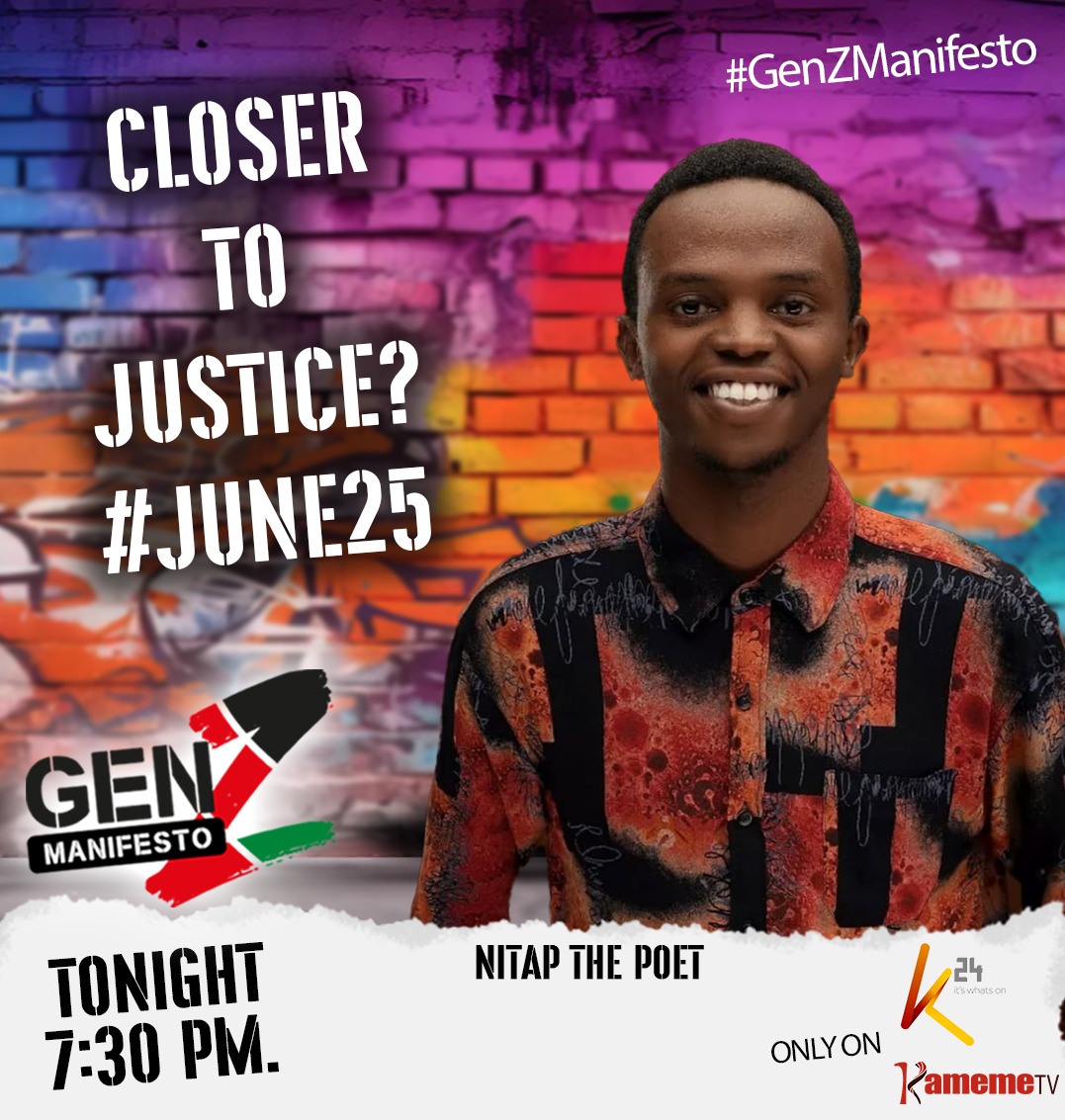 K24Tv's tweet photo. The June 25th protests stirred a generation—but the questions still linger.
What does justice truly mean for Kenya’s youth? Join the conversation tonight on #GenZManifesto 7:30 PM | K24TV & Kameme TV #JusticeForJune25 #GenZManifesto https://t.co/gYgvGfRE4e