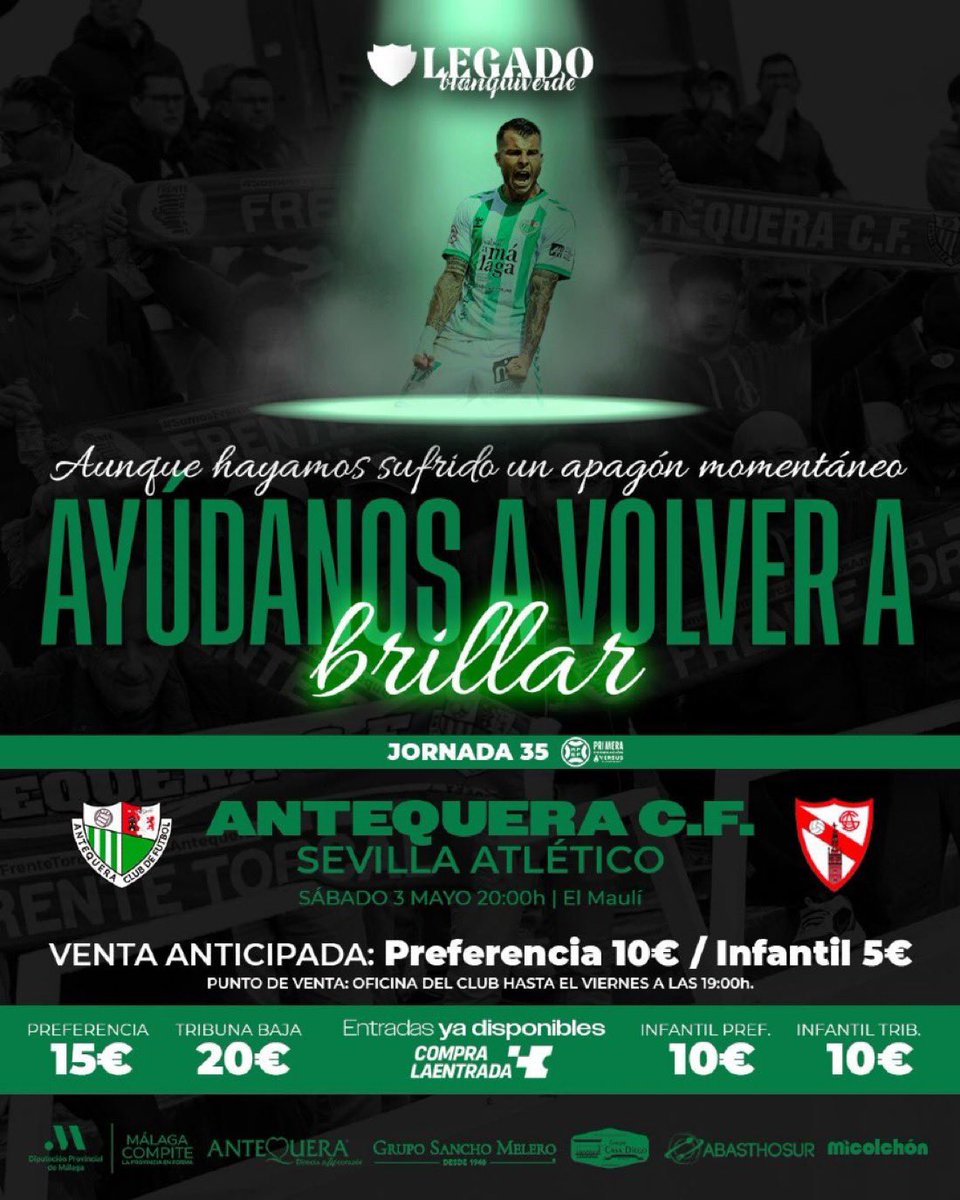 Que sí que hemos perdido 2 partidos seguidos, q no estamos en el mejor momento, pero yo sigo creyendo ⚪️🟢💪 y necesitamos q la ciudad se vuelque con su equipo 🙏 <a href="/AntequeraCF/">Antequera C. F.</a>