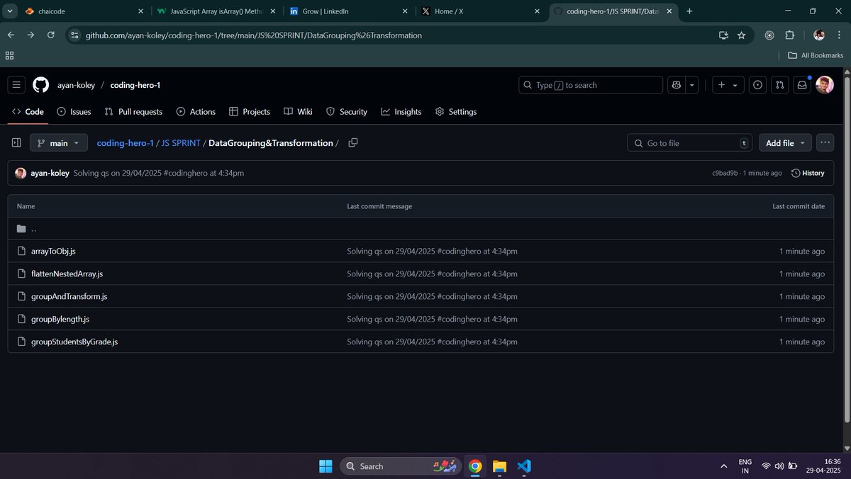 koleyayan18's tweet image. ✅Completed all data grouping & transformation challenges from the #CodingHero JS Sprint today!
Feeling more confident with JavaScript logic
Solutions: github.com/ayan-koley/cod…
Github: github.com/ayan-koley