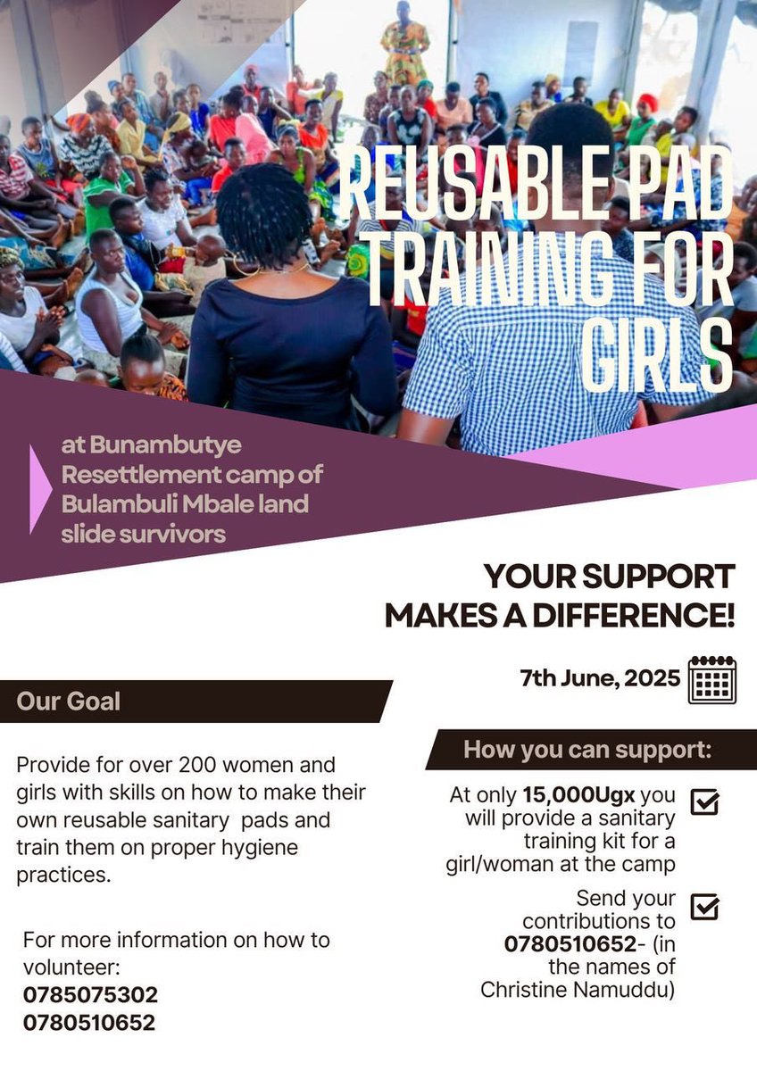 You can equip 200+ women &amp; girls with reusable sanitary pad skills by contributing 15,000 UGX for a training kit to support landslide survivors in Mbale. Send your contributions to 0780510652 under Christine Namuddu. Your generosity is highly appreciated❤️