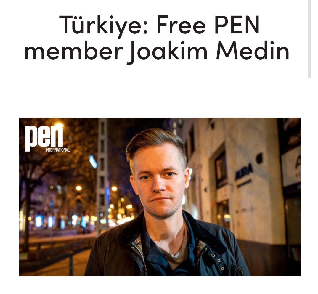 Irish PEN (@penireland) on Twitter photo We appeal to the Turkish authorities to release journalist <a href="/JoakimMedin/">Joakim Medin</a> at a hearing tomorrow in Ankara. He travelled to Istanbul on 27th March to cover the nationwide protests. He has been charged with
"insulting the president" <a href="/PENsweden/">Svenska PEN</a> #journalismisnotacrime #freejoakim We appeal to the Turkish authorities to release journalist <a href="/JoakimMedin/">Joakim Medin</a> at a hearing tomorrow in Ankara. He travelled to Istanbul on 27th March to cover the nationwide protests. He has been charged with
"insulting the president" <a href="/PENsweden/">Svenska PEN</a> #journalismisnotacrime #freejoakim