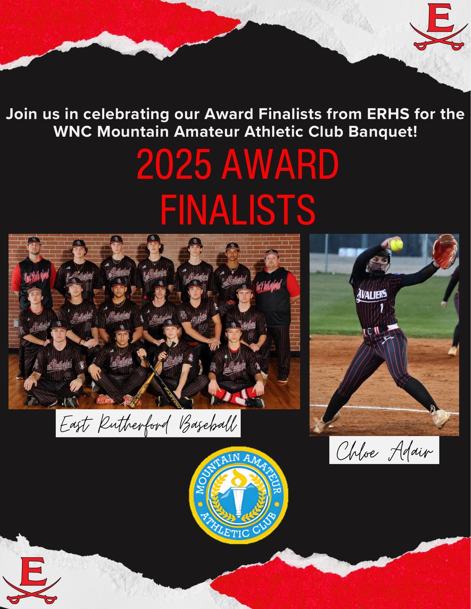 Congratulations to our Awards Finalists for the WNC Mountain Amateur Athletic Club! The banquet will be held at the Omni Grove Park Inn in Asheville on May 25th!

Finalists:

2023-2024 ERHS Varsity Baseball Team

Chloe Adair, Softball

#SwordsUp⚔️