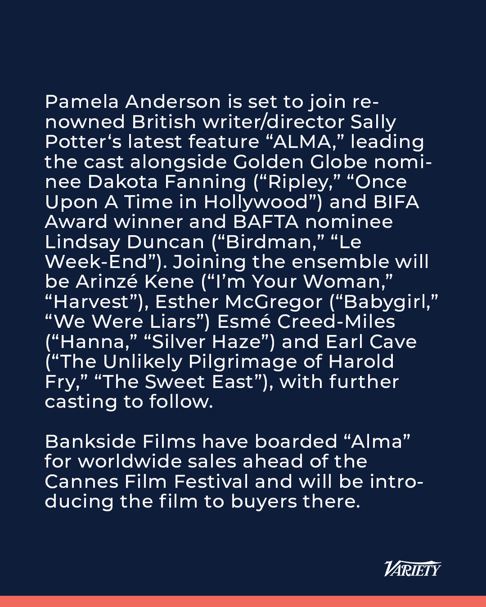 Bankside Films (@banksidefilms) on Twitter photo Thrilled to join forces with the legendary Sally Potter on ALMA — starring Pamela Anderson, Dakota Fanning & Lindsay Duncan! 🌟 Get to know more about the film at this year's <a href="/MarcheduFilm/">marche du film</a>! 🎬 #BanksideFilms #Cannes2025 Thrilled to join forces with the legendary Sally Potter on ALMA — starring Pamela Anderson, Dakota Fanning & Lindsay Duncan! 🌟 Get to know more about the film at this year's <a href="/MarcheduFilm/">marche du film</a>! 🎬 #BanksideFilms #Cannes2025