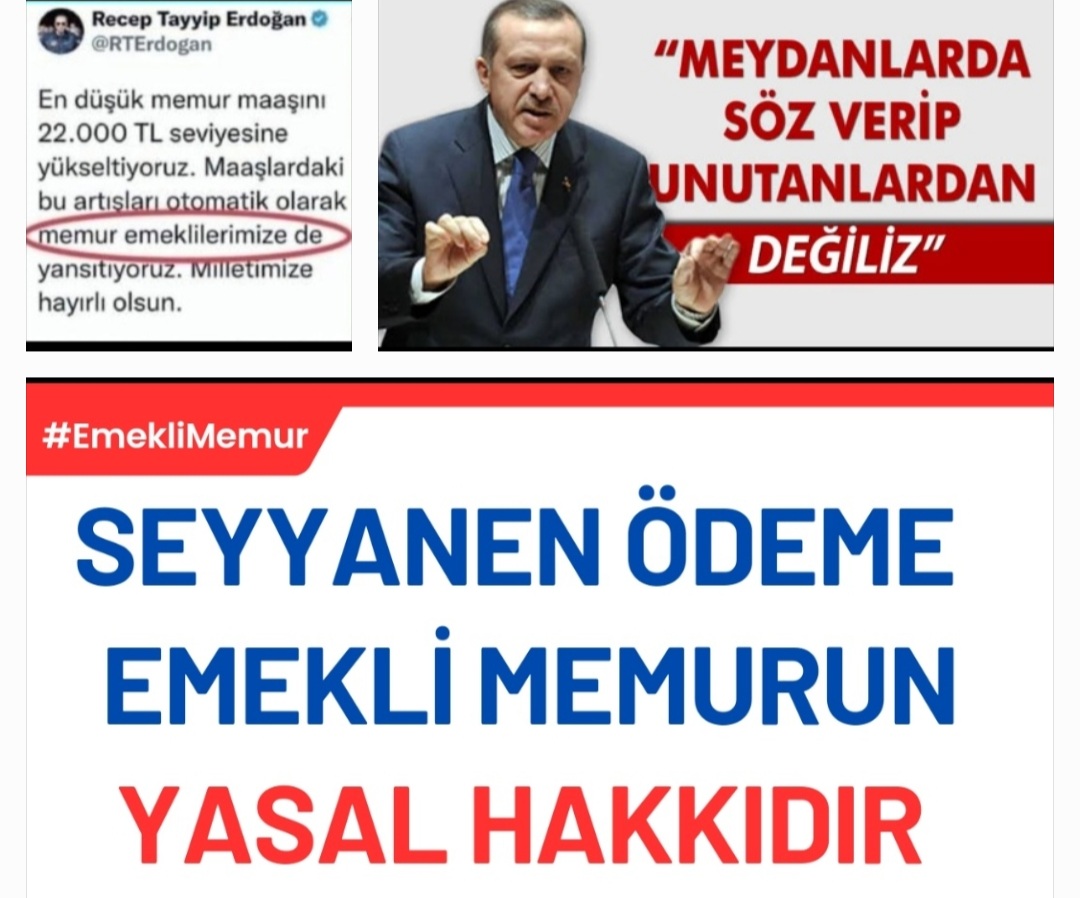 Gülsüm Gülmez (@gulmez_gul31294) on Twitter photo Cumhurbaşkanı
<a href="/RTErdogan/">Recep Tayyip Erdoğan</a>
#EmekliMemur a meydanlarda yasal hakkı olan SEYYANEN ZAM sözünü verip
23 aydır unutanlardansınız
#MemurEmeklisineAdalet için
Gelsin sandık❗
Emekliliğimizi kabusa çevirenleri en tatlı uykularından uyandıracağız❗
<a href="/Akparti/">AK Parti</a>
<a href="/AKPartiTBMMGrup/">TBMM AK Parti Grup Başkanlığı</a>
<a href="/MHP_Bilgi/">MHP</a> Cumhurbaşkanı
<a href="/RTErdogan/">Recep Tayyip Erdoğan</a>
#EmekliMemur a meydanlarda yasal hakkı olan SEYYANEN ZAM sözünü verip
23 aydır unutanlardansınız
#MemurEmeklisineAdalet için
Gelsin sandık❗
Emekliliğimizi kabusa çevirenleri en tatlı uykularından uyandıracağız❗
<a href="/Akparti/">AK Parti</a>
<a href="/AKPartiTBMMGrup/">TBMM AK Parti Grup Başkanlığı</a>
<a href="/MHP_Bilgi/">MHP</a>
