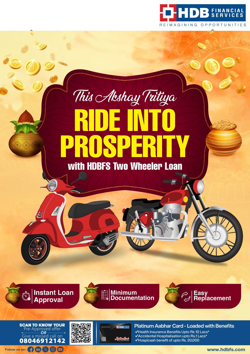 New ride? On this Akshaya Tritiya, manifest it.
Two wheels, zero stress, full blessings with HDBFS
Instant loans. Easy docs. Smooth rides.
#GoldVibesOnly #AkshayaTritiyaGoals #HDBOnTheGo #RideWaliFeeling #ProsperityUnlocked #LoanKaroUpgradeKaro #TwoWheelerDreams #MiddleClassMoves