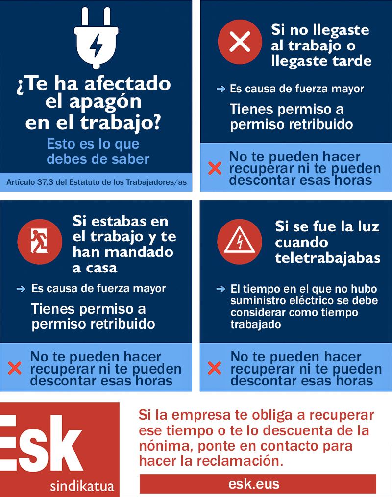 Es posible que el apagón te haya afectado en el trabajo. Te dejamos unas ideas básicas para que las tengas en cuenta y la empresa no te haga recuperar esas horas o te las descuente en la próxima nómina.
▶️ esk.eus/index.php/es/n…

#CorteLuz #Apagon