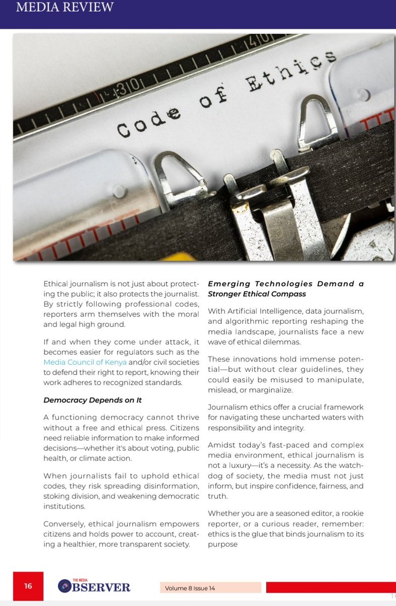 ....
In Kenya and beyond, ethical journalism is no longer optional—it's essential for democracy, trust, and truth.
Let’s lead with integrity.
.<a href="/MediaObserverK/">Media Observer</a>
#MediaEthics #Journalism