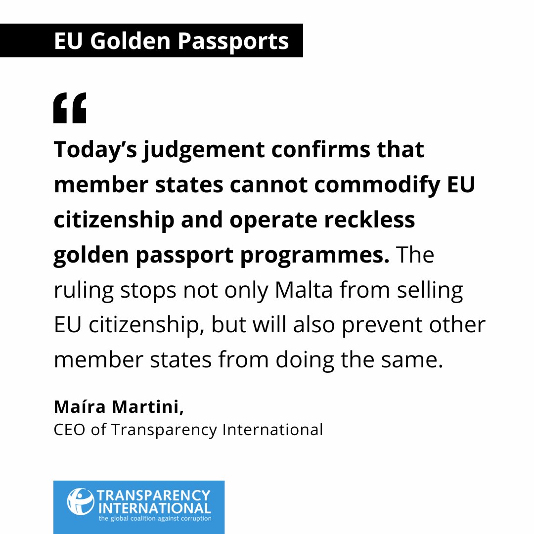 Transparency International (@anticorruption) on Twitter photo “Today’s judgement confirms that member states cannot commodify EU citizenship and operate reckless golden passport programmes." - <a href="/mairarmartini/">Maíra Martini</a>, CEO of Transparency International.
➡️ Our statement here: anticorru.pt/3ba “Today’s judgement confirms that member states cannot commodify EU citizenship and operate reckless golden passport programmes." - <a href="/mairarmartini/">Maíra Martini</a>, CEO of Transparency International.
➡️ Our statement here: anticorru.pt/3ba
