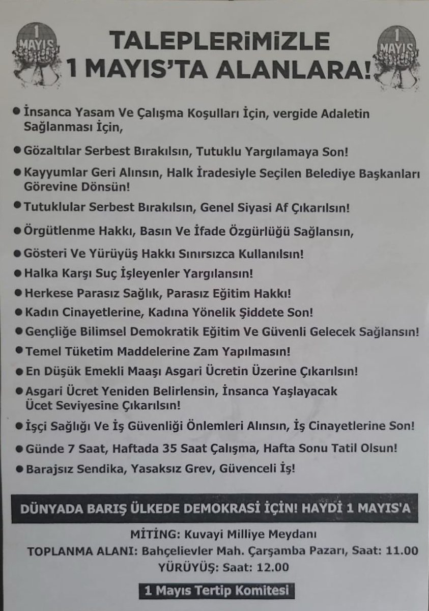 BalikesirKESK's tweet photo. İşçi köylü, emekli çalışan 
Öğrenciler, işsizler 
Kadınlar, gençler 
insanca,Onurlu bir yaşam için
Haklarımızı haykırmaya,omuz omuza yürümeye #1MAYIS Alanlarına Bekliyoruz!
@KESK1995
@egitimsen @sesgenelmerkezi @ESM_GM @BES_Gnl_Mrk @KESKHaberSen @TARIM_ORKAM_SEN @BTSGENELMERKEZ https://t.co/QGw7l6ukDx