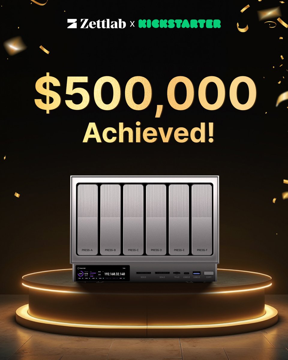 zettlab's tweet photo. We’re thrilled to announce that Zettlab AI NAS has surpassed $500,000 on Kickstarter! Your trust, support, and enthusiasm have made this possible!
The Super Early Bird price is still live—grab it now and save up to $500 OFF MSRP before it's gone! https://t.co/5IUEy8JChV https://t.co/OSletAp4Ww