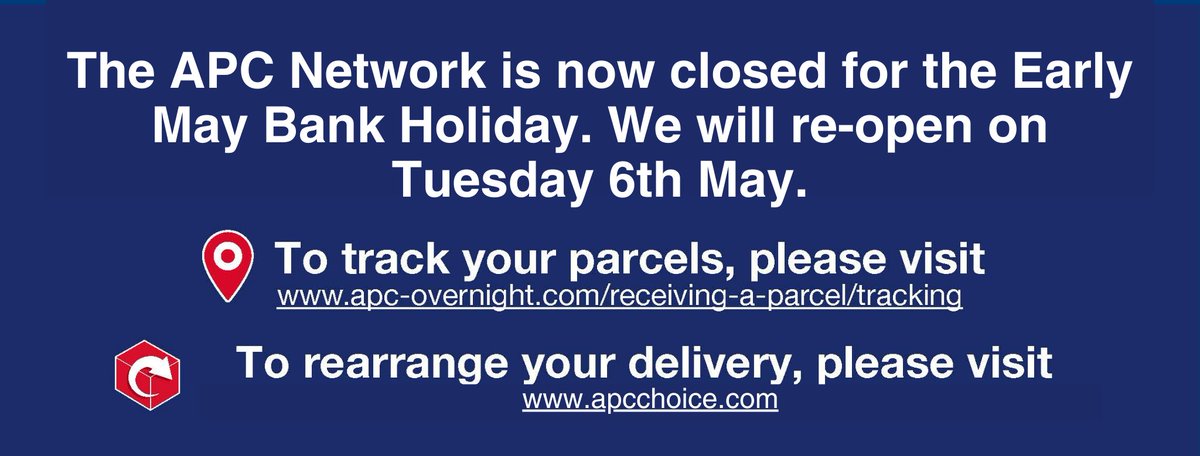 We are now closed for the Early May Bank Holiday. We will reopen at 9am on Tuesday 6th May.
To track a delivery, please visit: apc-overnight.com/receiving-a-pa…
To rearrange a delivery, please visit: apcchoice.com