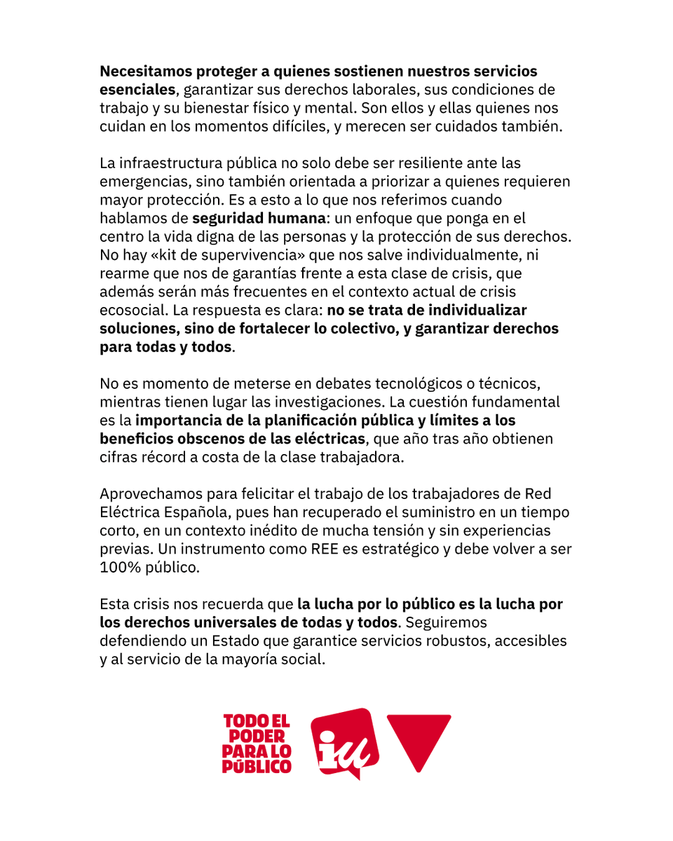📝 COMUNICADO | Frente al apagón, todo el poder para lo público.

La crisis energética no tiene soluciones individuales sino colectivas. Exigimos una planificación democrática de la energía, garantizar derechos laborales y poner fin a los beneficios obscenos de las eléctricas.