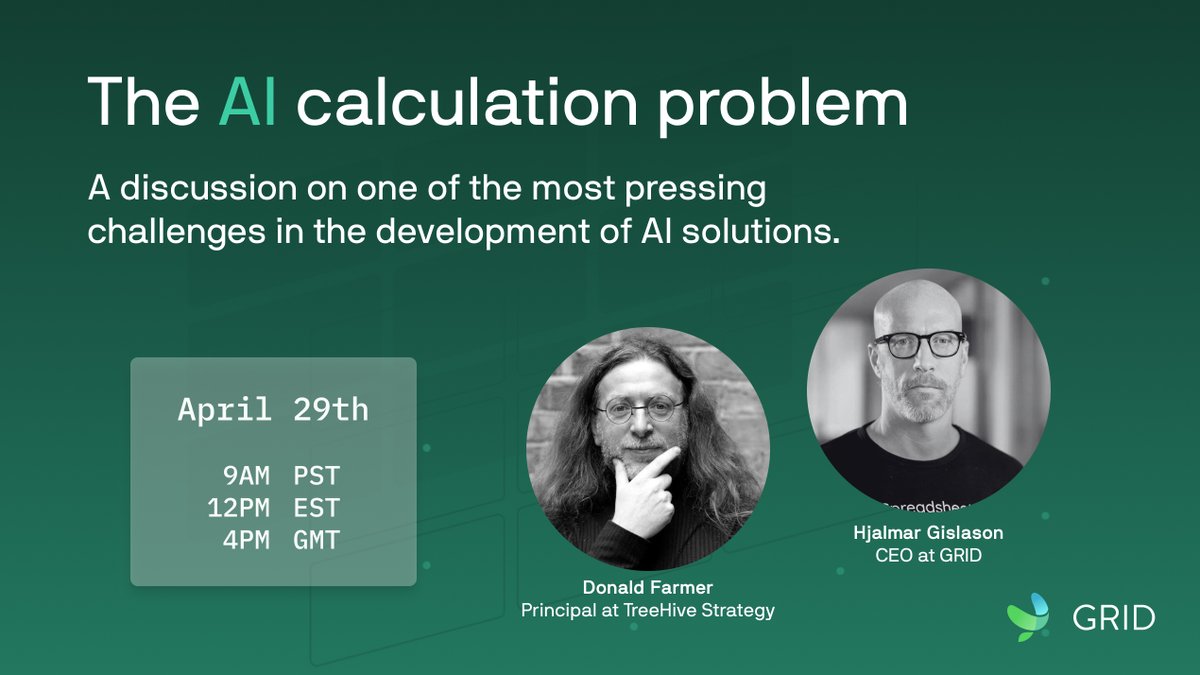 GRID (@grid_hq) on Twitter photo Why do LLMs struggle with numbers - and what can we do about it?
Join GRID CEO <a href="/hjalli/">Hjalmar Gislason</a> and data expert Donald Farmer for a live convo on the AI calculation problem.
📅 TODAY April 29 - 9 AM PST / 12PM EST / 4PM GMT
🔗 Register: us06web.zoom.us/webinar/regist… Why do LLMs struggle with numbers - and what can we do about it?
Join GRID CEO <a href="/hjalli/">Hjalmar Gislason</a> and data expert Donald Farmer for a live convo on the AI calculation problem.
📅 TODAY April 29 - 9 AM PST / 12PM EST / 4PM GMT
🔗 Register: us06web.zoom.us/webinar/regist…