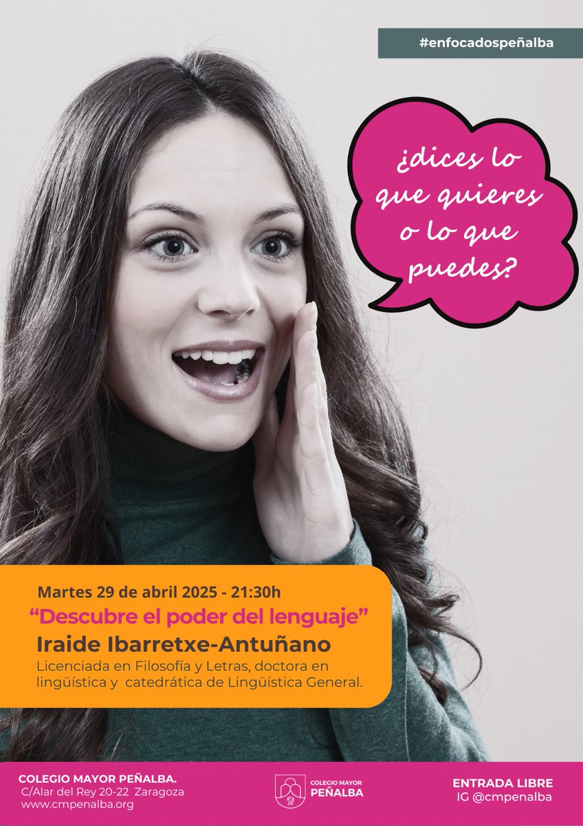 Zaragoza Lingüística (@zaragozaling) on Twitter photo 🗣️ ¿Dices lo que quieres o lo que puedes?
🧠 Descubre el poder del lenguaje con nuestra #psylexera <a href="/iraideia/">Iraide Ibarretxe-Antuñano @iraideia.bsky.social</a>.
📅 ¡HOY! Martes 29 de abril, 21:30h
📍 <a href="/CMPenalba/">CM Peñalba</a> , Zaragoza
🎓 Entrada libre
¡Os esperamos!
🔗 Más info: cmpenalba.org/enfocados/ 🗣️ ¿Dices lo que quieres o lo que puedes?
🧠 Descubre el poder del lenguaje con nuestra #psylexera <a href="/iraideia/">Iraide Ibarretxe-Antuñano @iraideia.bsky.social</a>.
📅 ¡HOY! Martes 29 de abril, 21:30h
📍 <a href="/CMPenalba/">CM Peñalba</a> , Zaragoza
🎓 Entrada libre
¡Os esperamos!
🔗 Más info: cmpenalba.org/enfocados/