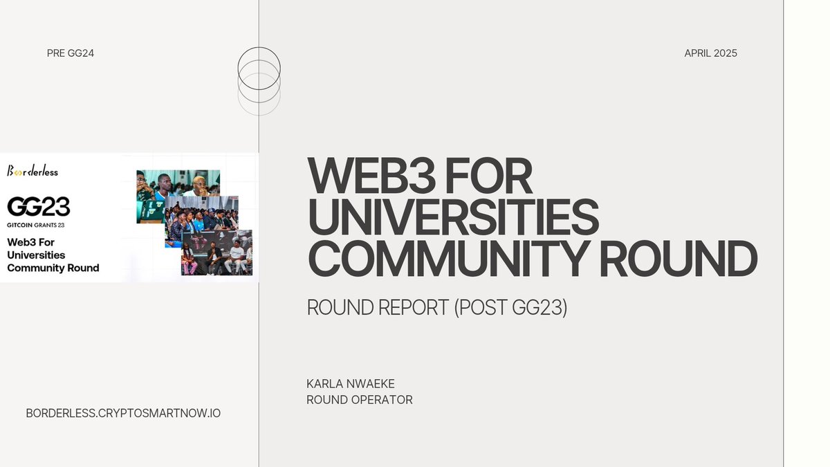 BorderlessDev👨🏼💻|#GG23 #Web3 for Universities (@borderlessdev) on Twitter photo The round report for the "Web3 For Universities Community Round" is out 🥳
We say a special THANK YOU, to everyone who supported this round.
Special thanks to the financial backers for this round, <a href="/gitcoin/">Gitcoin</a>, <a href="/owocki/">Kev.Ξth</a>, <a href="/Celo/">Celo.eth/acc 🦇 🌳</a> and <a href="/BorderlessDev/">BorderlessDev👨🏼💻|#GG23 #Web3 for Universities</a>
Special thanks to <a href="/LetsGROWdao/">Let’s GROW</a> for The round report for the "Web3 For Universities Community Round" is out 🥳
We say a special THANK YOU, to everyone who supported this round.
Special thanks to the financial backers for this round, <a href="/gitcoin/">Gitcoin</a>, <a href="/owocki/">Kev.Ξth</a>, <a href="/Celo/">Celo.eth/acc 🦇 🌳</a> and <a href="/BorderlessDev/">BorderlessDev👨🏼💻|#GG23 #Web3 for Universities</a>
Special thanks to <a href="/LetsGROWdao/">Let’s GROW</a> for
