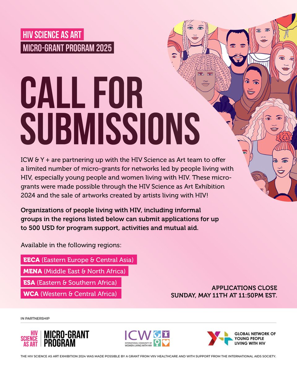 🚨New Funding Opportunity!                                                  

ICW and Y+ Global are collaborating with the HIV Science as Art team to offer a limited number of micro grants for networks led by people living with HIV, especially young people and women.

This