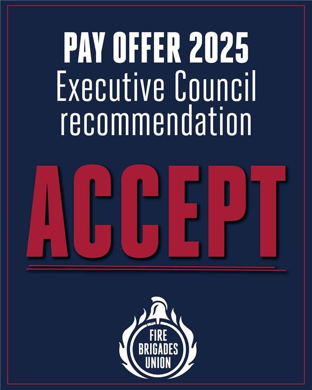 fbunational's tweet photo. Voting on pay for 2025 will begin on Thursday. The employers' offer is for:
🔴  3.2% on basic pay and CPD
🔴  Abolishing the trainee pay band
🔴  Immediate talks on pay progression

The FBU executive council recommends that members vote to accept. https://t.co/rMHnX3c9Ia