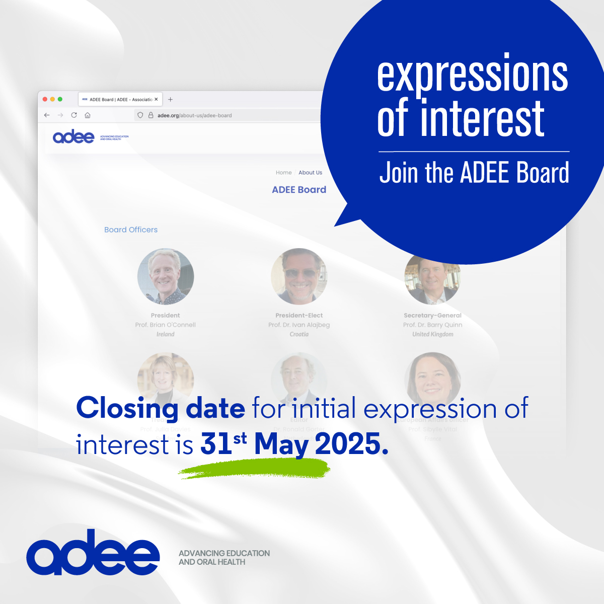 ADEE is calling for expressions of interest to join the Board (2026–2028)! We’re especially seeking a:
- European Affairs Officer
- Membership Development Officer
Open to staff at ADEE member institutions.
🗓Apply by 31 May 2025
🔗adee.org/news/call-expr…
#ADEE #DentalEducation