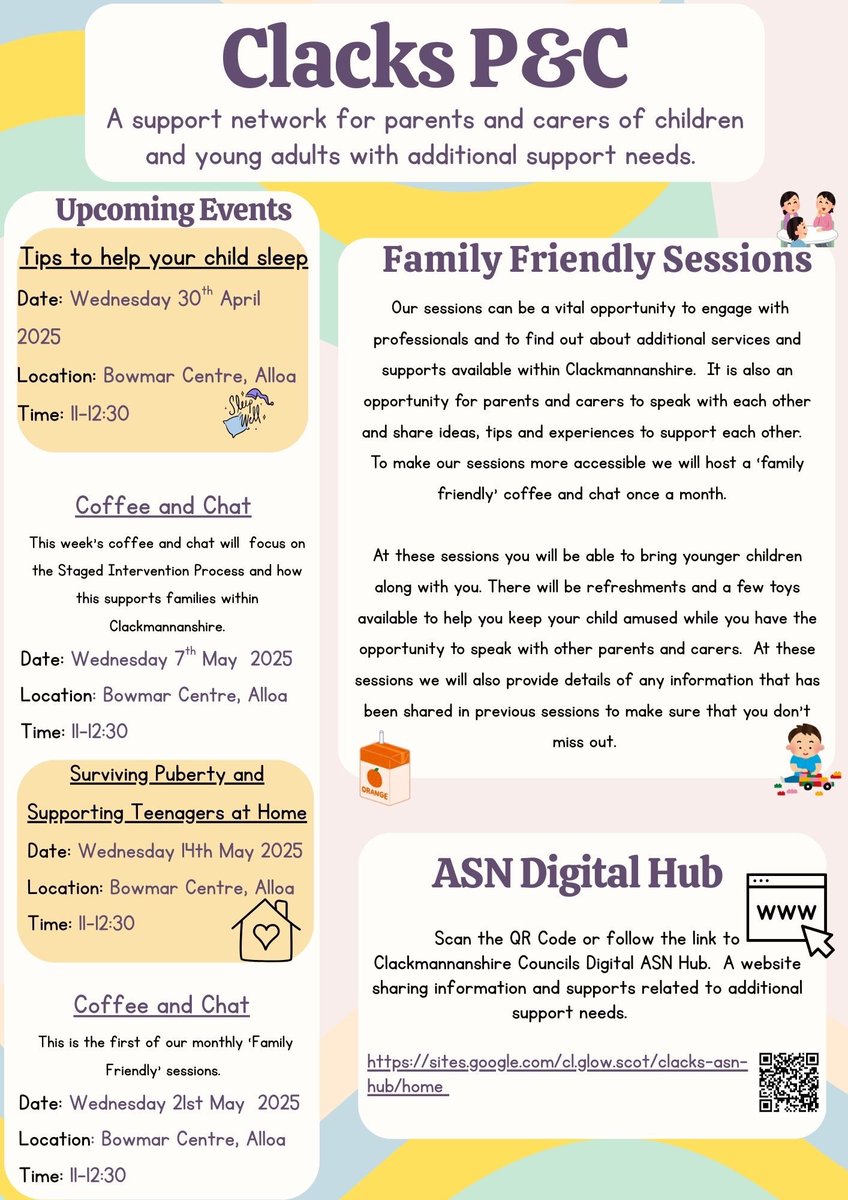 Why not pop along on a Wednesday morning to the Bowmar Centre to join Clacks P&amp;C for a cuppa and a blether.  

This month is busy with lots of support and advice on offer.

See details below 
👇🏼☕️
<a href="/ClacksFWP/">FWP Community Around the School</a>