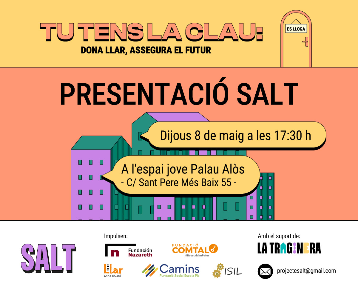 SALT vol aconseguir una opció habitacional que garanteixi la plena emancipació de les persones joves. 

🏠 Si tens una propietat aquesta és la teva iniciativa. 

📆 Dijous 8 de maig a les 17:30 h. 
📍Palau Alòs. 

➡️Inscripcions obertes: comunalitats.cat/agenda/tu-tens…