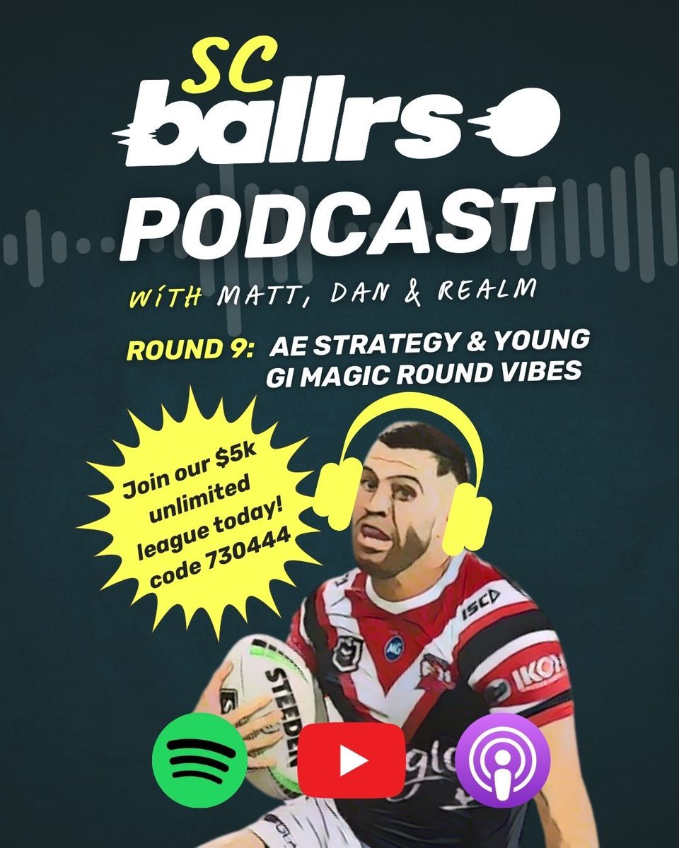 ballrNRL's tweet image. 🚨 PODCAST OUT NOW🚨 
on Spotify, Apple, YouTube etc 

🎧 Matt and Dan are joined by special guest @RealmSuperCoach to discuss AE strategy and the best vibe picks of Magic Round, backing it up with some exclusive ballr projections!

👕 PLUS we’re giving away exclusive merch at…