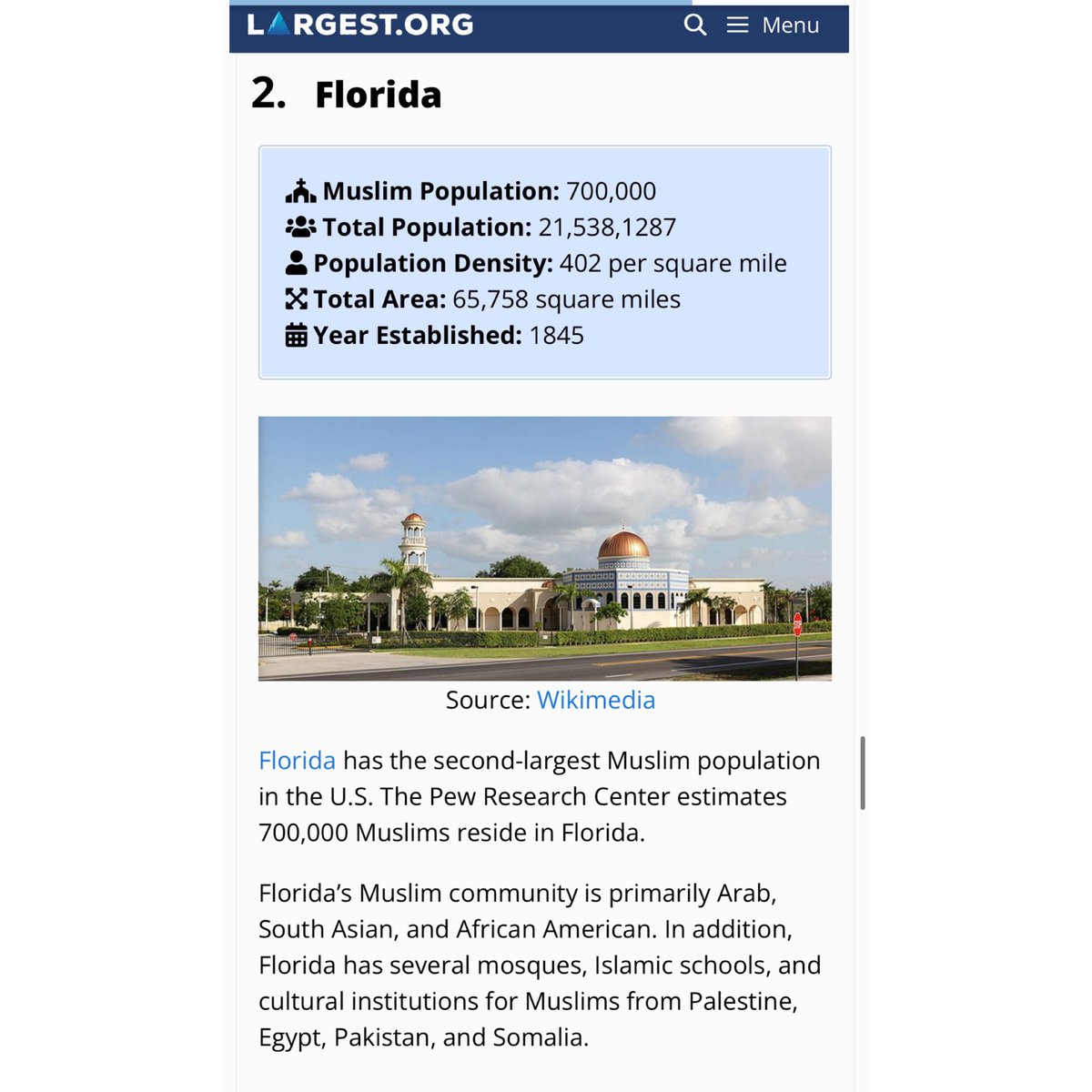 Shariakill's tweet photo. Well well well 

According to Pew Research from 2023 

Florida has the 2nd largest Muslims population in America with 700,000 peoples, which is much more than Michigan and Illinois combine 

There is no accurate data on how many mosques in the state, but with this number of peoples, should be at least 500