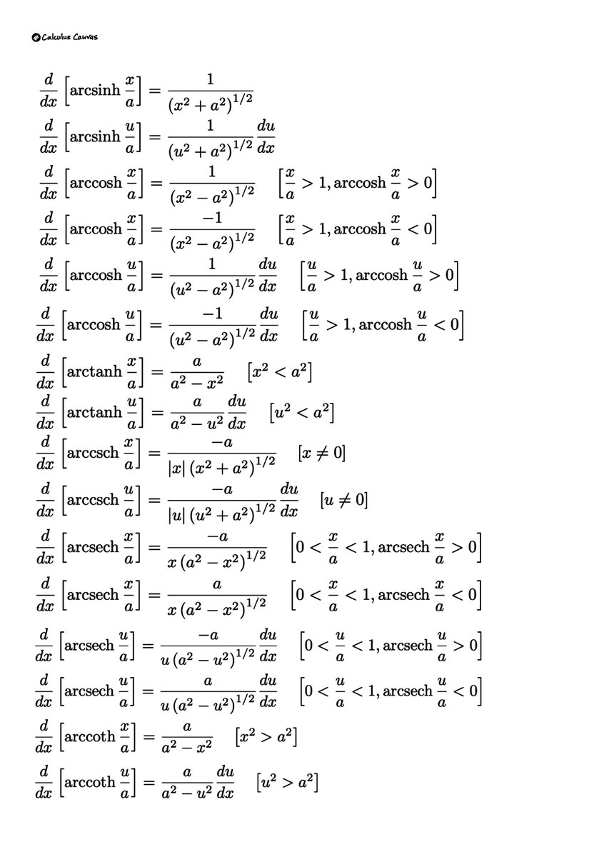 TheMathFlow's tweet image. Derivatives of inverse hyperbolic functions.
