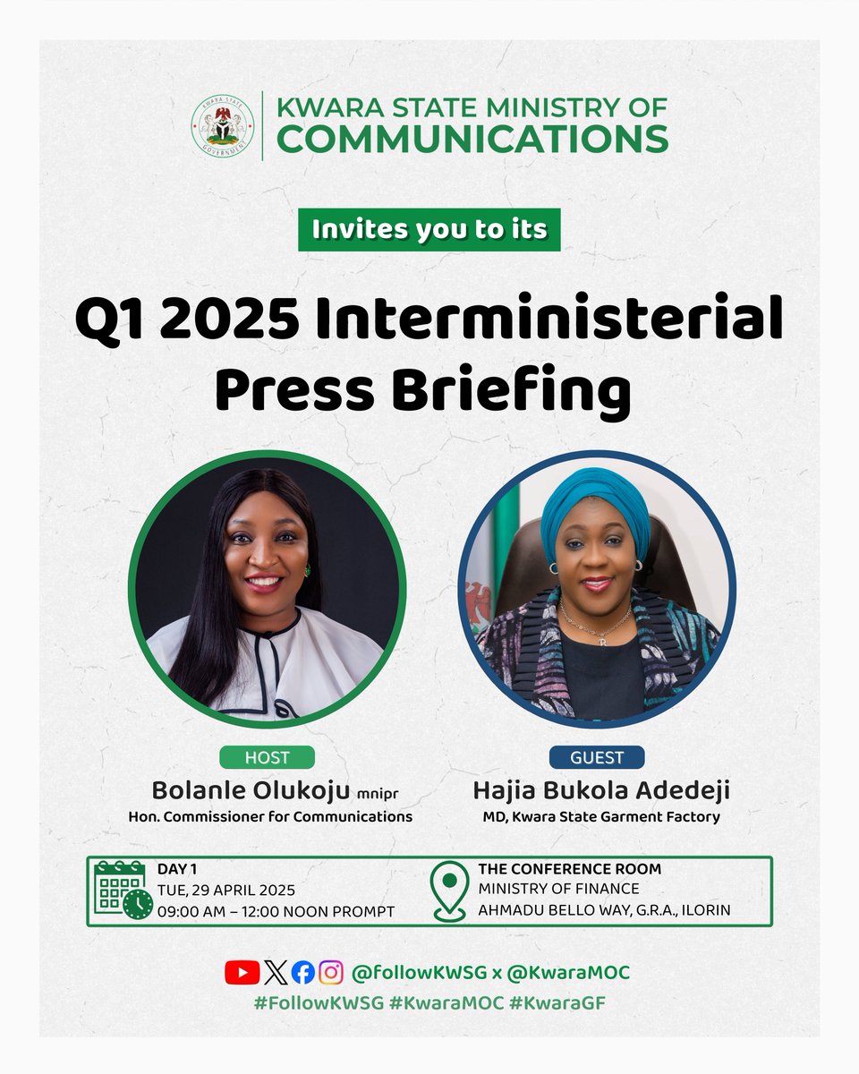 KwaraMOC's tweet image. 📸 Live from the 2025 Q1 Press Briefing!
&quot;We host Her Excellency , Sen. Oluremi Tinubu in January, who commended Governor AbdulRazaq&apos;s empowerment initiatives and awarded ₦20,000 stipends to hundreds of our workers.&quot;
— Bukola Adedeji, MD Kwara Garment Factory #KwaraBriefs