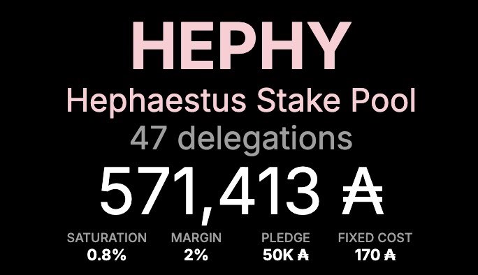 HEPHY Stake Pool | Mithril ๐ก๏ธ| Icebreaker ๐ง (@hephypool) on Twitter photo Yooo <a href="/ozzy_pool/">Ozzy-pool</a> delegators looking for a new home! Consider <a href="/HephyPool/">HEPHY Stake Pool | Mithril ๐ก๏ธ| Icebreaker ๐ง</a>๐๐ป
๐ฌ๐ง SPO
<a href="/CardanoSPA/">Cardano Single Pool Alliance - SPA</a> member
<a href="/AllianceXspo/">xSPO Alliance</a> member
2% Margin
50K โณ Pledge
170 โณ Fixed Cost
Mithril Signer ๐ก๏ธ
<a href="/blockfrost_io/">Blockfrost</a> Icebreaker ๐ง
SanchoNet supporter ๐๏ธ
100% SPO voting record ๐ณ๏ธ
#Cardano $ADA Yooo <a href="/ozzy_pool/">Ozzy-pool</a> delegators looking for a new home! Consider <a href="/HephyPool/">HEPHY Stake Pool | Mithril ๐ก๏ธ| Icebreaker ๐ง</a>๐๐ป
๐ฌ๐ง SPO
<a href="/CardanoSPA/">Cardano Single Pool Alliance - SPA</a> member
<a href="/AllianceXspo/">xSPO Alliance</a> member
2% Margin
50K โณ Pledge
170 โณ Fixed Cost
Mithril Signer ๐ก๏ธ
<a href="/blockfrost_io/">Blockfrost</a> Icebreaker ๐ง
SanchoNet supporter ๐๏ธ
100% SPO voting record ๐ณ๏ธ
#Cardano $ADA