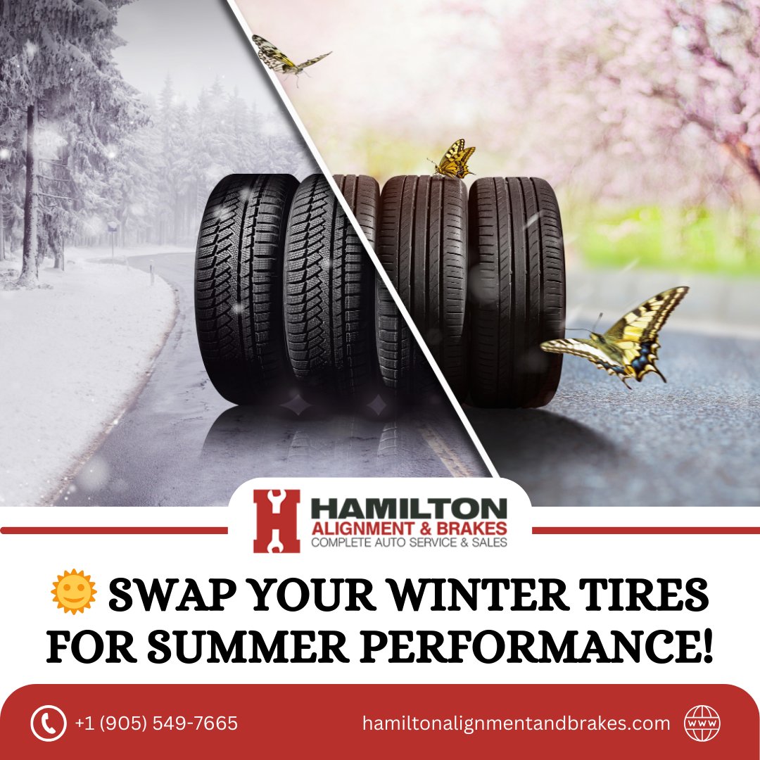 🌞 Swap Your Winter Tires for Summer Performance!
 As the days warm up, it's time to trade those winter tires for summer ones. Ensure your car is ready for sunny drives and smooth handling with a professional tire swap from Hamilton Alignment &amp; Brakes.