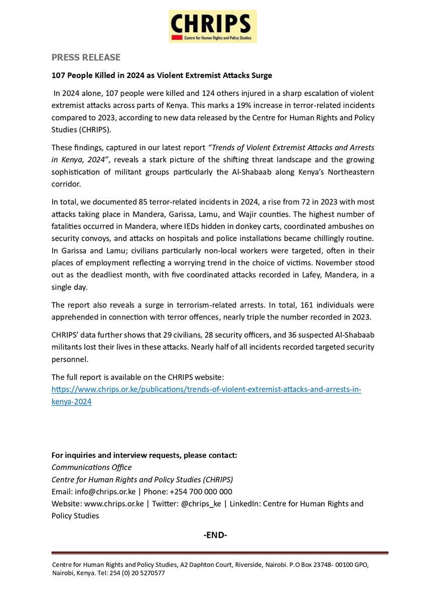 CHRIPS Kenya (@chripske) on Twitter photo 107 people were killed and 124 others injured as violent extremist attacks surged across parts of Kenya. This marks a 19% increase in terror-related incidents compared to 2023.
📥Read the full observatory report🔗⬇️: cve-kenya.org/observatory/at… <a href="/NCTC_Kenya/">NCTC Kenya</a> <a href="/CTP_Kenya/">Counter Terrorism Policing KE</a> <a href="/RAbdiAnalyst/">Rashid Abdi</a> 107 people were killed and 124 others injured as violent extremist attacks surged across parts of Kenya. This marks a 19% increase in terror-related incidents compared to 2023.
📥Read the full observatory report🔗⬇️: cve-kenya.org/observatory/at… <a href="/NCTC_Kenya/">NCTC Kenya</a> <a href="/CTP_Kenya/">Counter Terrorism Policing KE</a> <a href="/RAbdiAnalyst/">Rashid Abdi</a>