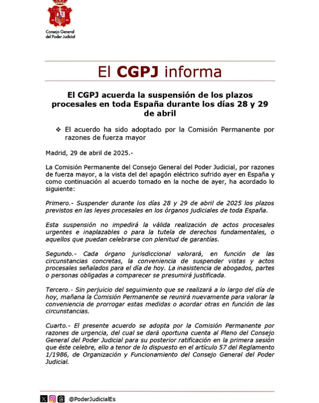 📰El CGPJ informa. El CGPJ acuerda la suspensión de los plazos procesales en toda España durante los días 28 y 29 de abril. #abogacia #suspensionplazos #CGPJ #comisiónpermanente <a href="/MargaCerro/">Marga Cerro</a>