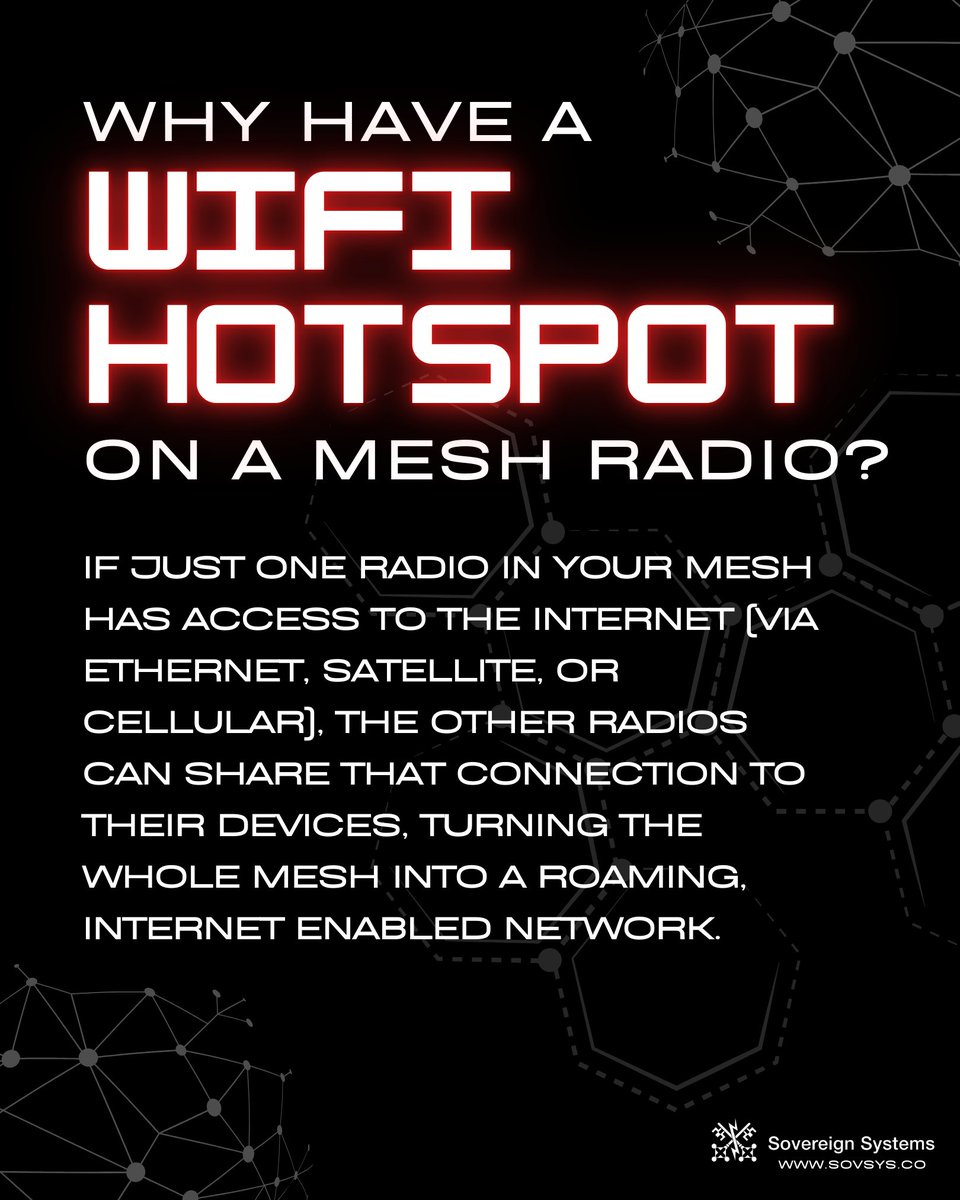 SovereignSys's tweet photo. Having a WiFi hotspot on a mesh radio adds a major layer of flexibility and utility. If just one radio in your mesh has access to the internet , the others can share that connection over WiFi.
#ipmeshradio #criticalcomms #manet #ipradio #meshradio #criticalcommunications #manet https://t.co/3MDI4AfkwA