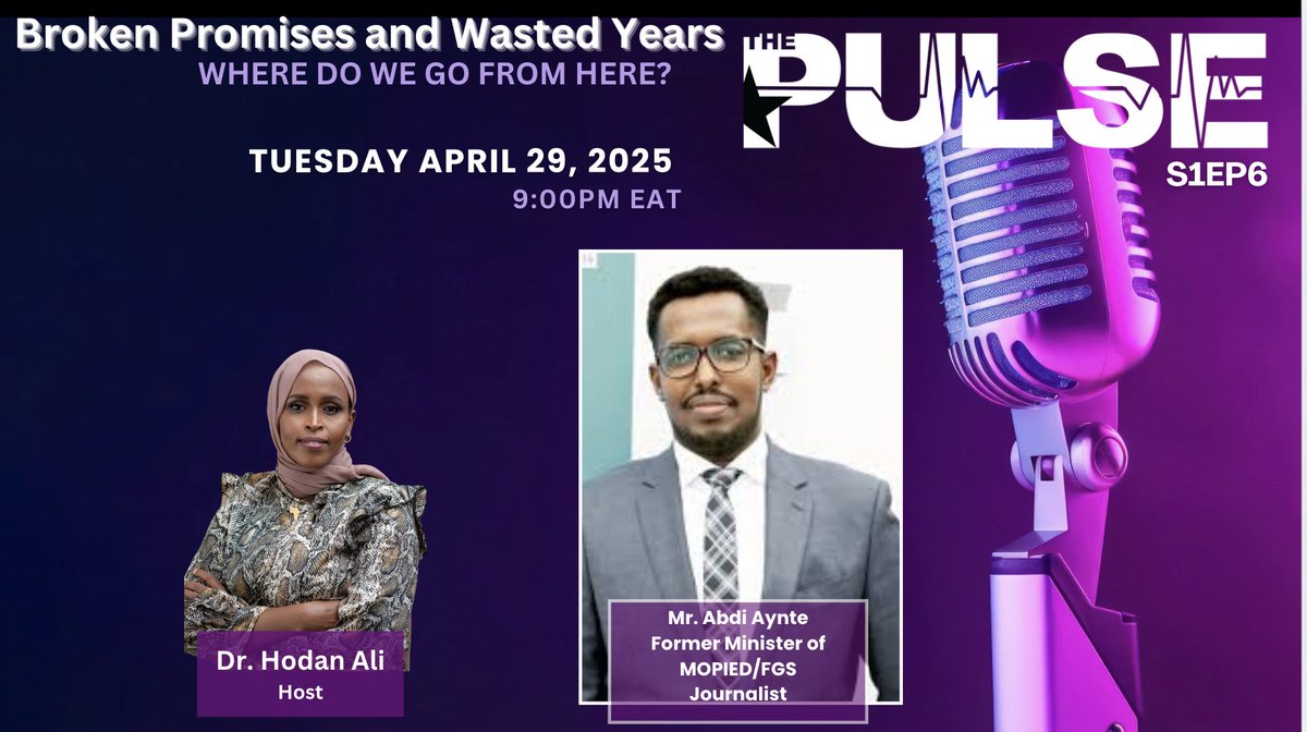 ThePulseSomalia's tweet image. -------JOIN US TONIGHT 9:00 PM EAT-------
In conversation with Former Minister FGS @Aynte on;
Broken promises. Wasted years. Somalia stands at the edge once again - torn by political fractures, terror, and lost opportunities. Can it still be saved?
We explore the mission…
