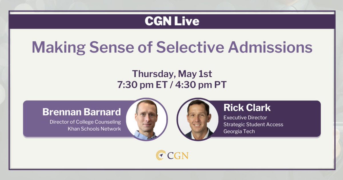 MindfulAdmission (@barnardbrennan) on Twitter photo Join us for a free, live Q&A this Thursday, May 1 at 7:30 pm ET when <a href="/Clark2College/">Rick Clark</a> will drop some Truth about selective college admission:
tinyurl.com/CGN25May1 Join us for a free, live Q&A this Thursday, May 1 at 7:30 pm ET when <a href="/Clark2College/">Rick Clark</a> will drop some Truth about selective college admission:
tinyurl.com/CGN25May1