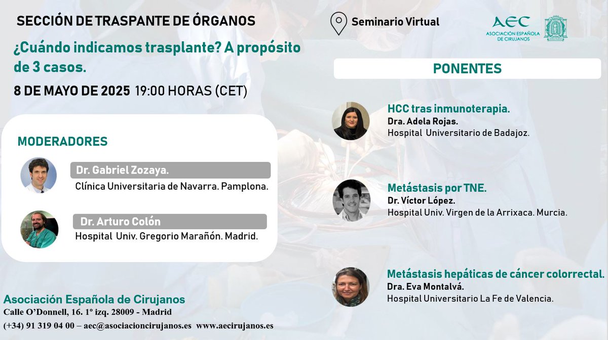 aecirujanos (@aecirujanos) on Twitter photo Apunta en la agenda 🗓️ 8 mayo a las 19:00h el #AULAVIRTUAL de <a href="/TrasplanteAEC/">AEC-Trasplante</a> “¿Cuándo indicamos trasplante? A propósito de 3 casos con <a href="/gnzozaya/">Gabriel Zozaya</a> <a href="/V_Lopez_Lopez/">Víctor López López</a> <a href="/MontalvaOron/">Eva Montalvá</a>
Inscríbete aquí 👇👇
us02web.zoom.us/webinar/regist… Apunta en la agenda 🗓️ 8 mayo a las 19:00h el #AULAVIRTUAL de <a href="/TrasplanteAEC/">AEC-Trasplante</a> “¿Cuándo indicamos trasplante? A propósito de 3 casos con <a href="/gnzozaya/">Gabriel Zozaya</a> <a href="/V_Lopez_Lopez/">Víctor López López</a> <a href="/MontalvaOron/">Eva Montalvá</a>
Inscríbete aquí 👇👇
us02web.zoom.us/webinar/regist…