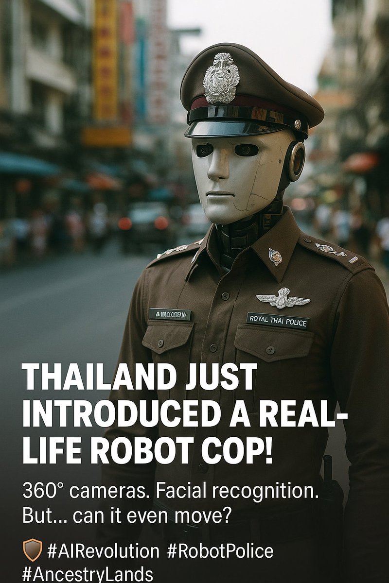 AncestryLands's tweet image. 👮‍♂️ Thailand just introduced a real-life robot cop!
360° cameras. Facial recognition. But... can it even move?
When tech looks flashy but can&apos;t walk, it’s time to rethink what real protection means. 🛡️
Own land. Own your future.

#AIRevolution #RobotPolice #AncestryLands