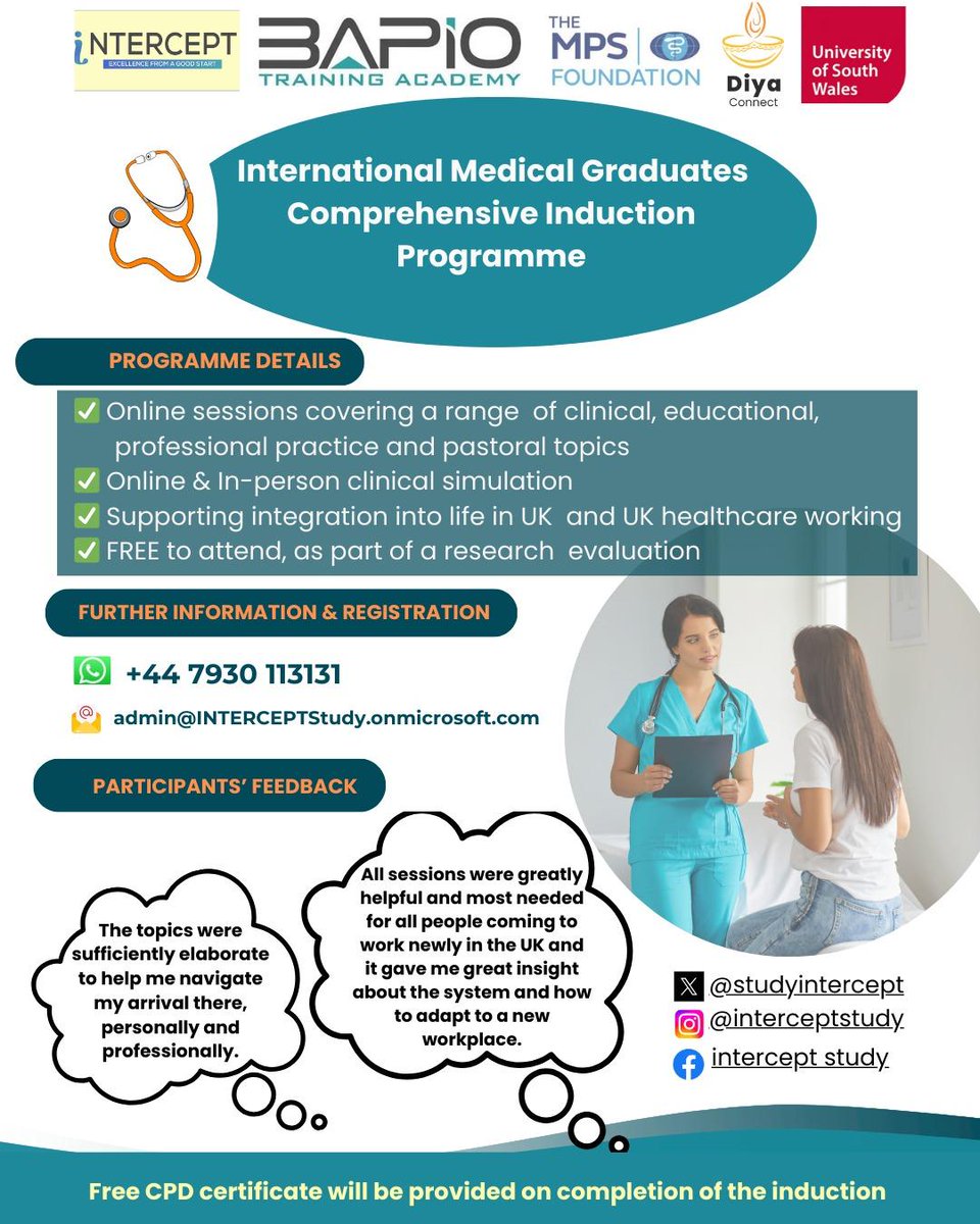 BAPIO Training Academy (@bapiota) on Twitter photo New to UK healthcare? Join the FREE IMG Induction Programme!
✔️ Clinical & system integration
✔️ Online & in-person
✔️ CPD certificate on completion
📩 admin@INTERCEPTStudy.onmicrosoft.com
📱 +44 7930 113131
#IMGsupport #UKDoctors #BAPIO #NHSInduction #StudyInUK New to UK healthcare? Join the FREE IMG Induction Programme!
✔️ Clinical & system integration
✔️ Online & in-person
✔️ CPD certificate on completion
📩 admin@INTERCEPTStudy.onmicrosoft.com
📱 +44 7930 113131
#IMGsupport #UKDoctors #BAPIO #NHSInduction #StudyInUK