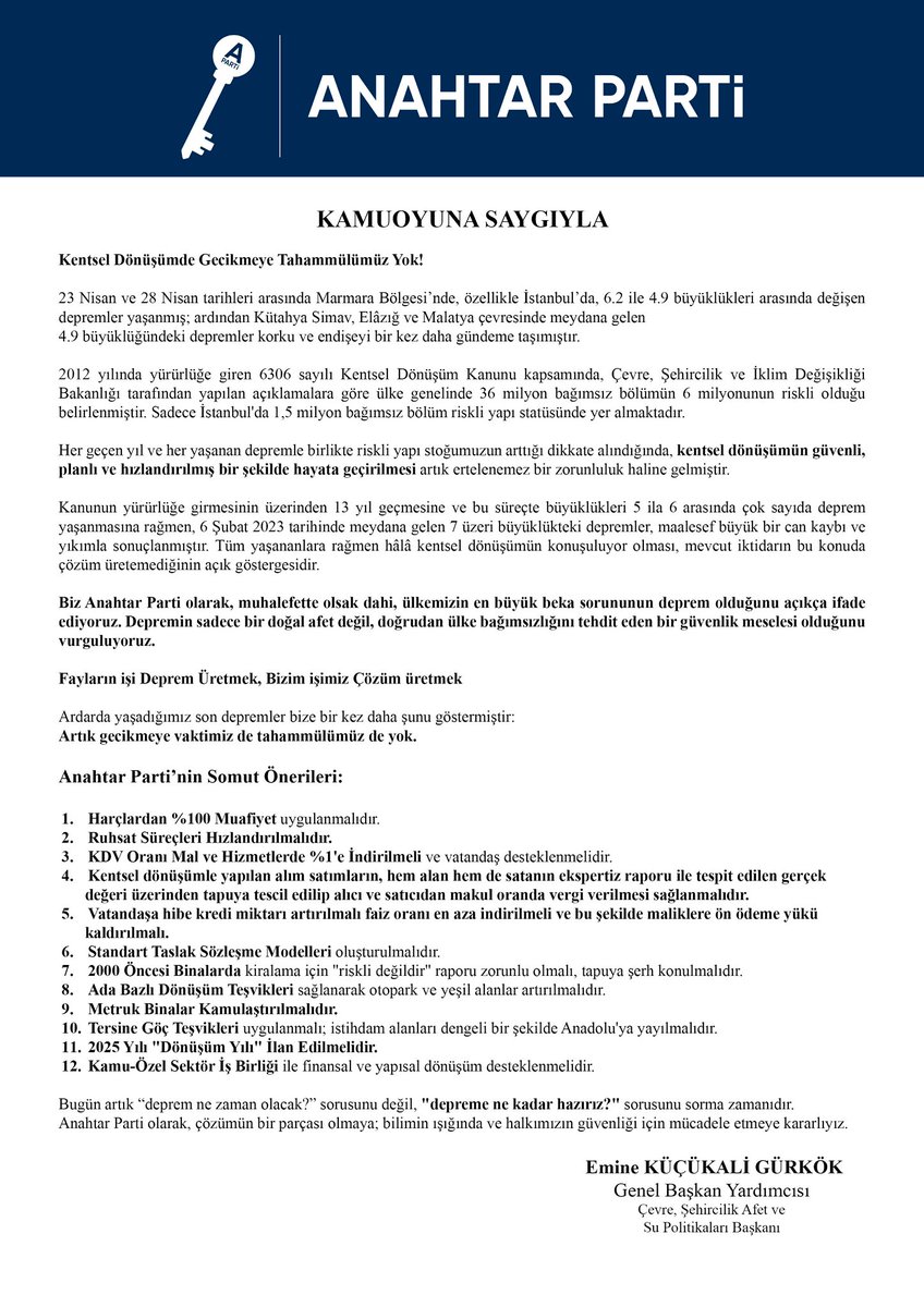Anahtar Parti (@anahtarparti) on Twitter photo Faylar faalken ve her gün yeni bir  deprem üretirken devleti yönetme sorumluluğu üzerinde bulunanlar bahane üretemez.
Kentsel dönüşüm artık bir tercih değil, bir milli güvenlik meselesidir.
Güçlü, güvenli, kimlikli kentler için kaybedecek bir saniyemiz bile yok! Faylar faalken ve her gün yeni bir  deprem üretirken devleti yönetme sorumluluğu üzerinde bulunanlar bahane üretemez.
Kentsel dönüşüm artık bir tercih değil, bir milli güvenlik meselesidir.
Güçlü, güvenli, kimlikli kentler için kaybedecek bir saniyemiz bile yok!
