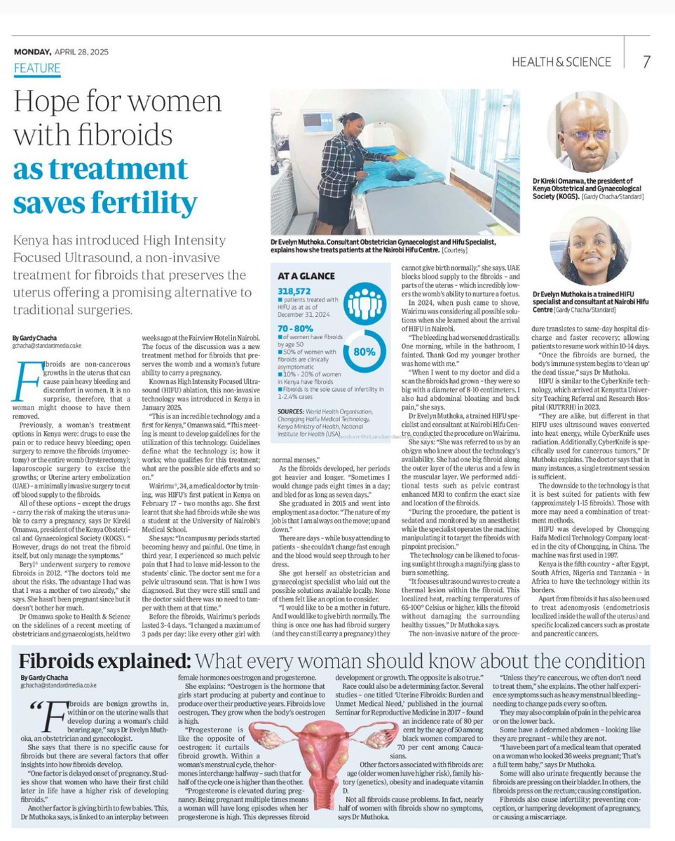 HifuKenya's tweet photo. Kenya’s first HIFU fibroid patient shares her journey — backed by expert insights from Dr. Kireki Omanwa (KOGS President) and HIFU Specialist Dr. Evelyn Muthoka.

Learn why HIFU is a game changer for fibroid treatment and fertility.

Full article via The Standard https://t.co/85iamM5m2J