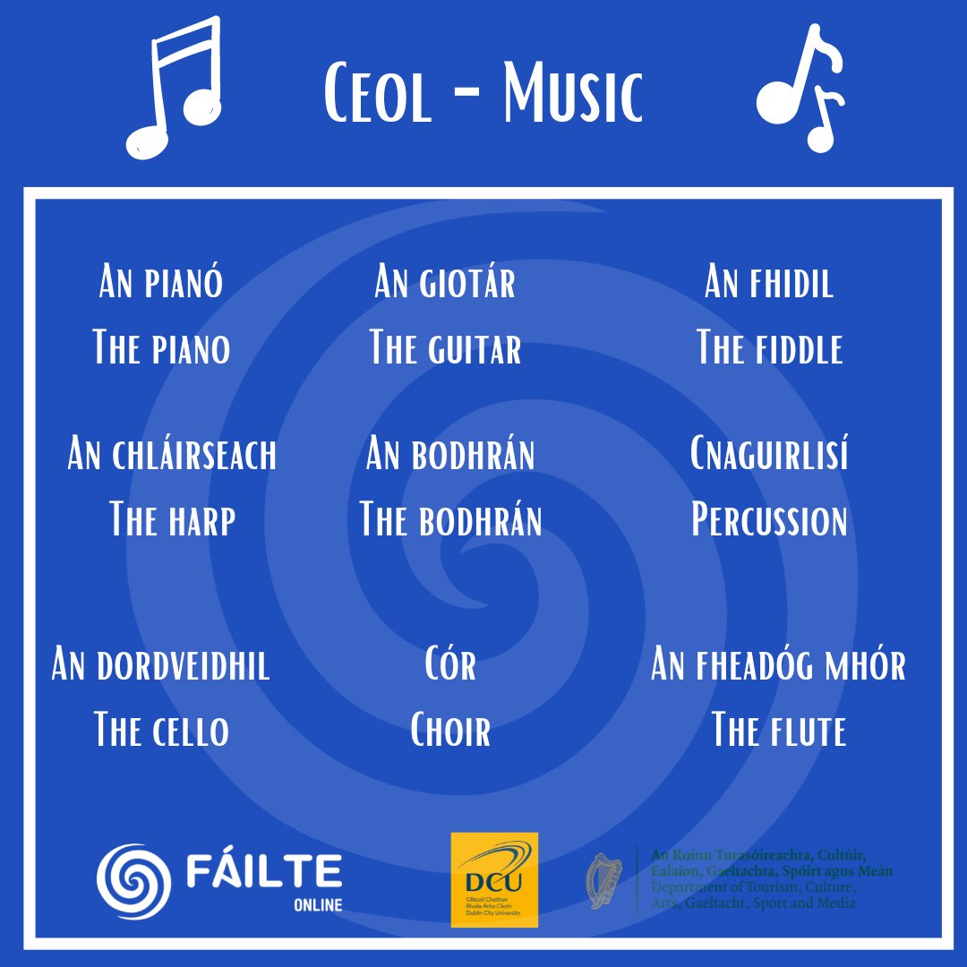 Fáilte Online (@failteonline) on Twitter photo #FLIrish204
Cén cineál ceoil a thaitníonn leat? / What type of music do you like?
Bígí linn! #irish #gaeilge #TrasnanadTonnta <a href="/Northeastern/">Northeastern U.</a> #FLIrish204
Cén cineál ceoil a thaitníonn leat? / What type of music do you like?
Bígí linn! #irish #gaeilge #TrasnanadTonnta <a href="/Northeastern/">Northeastern U.</a>