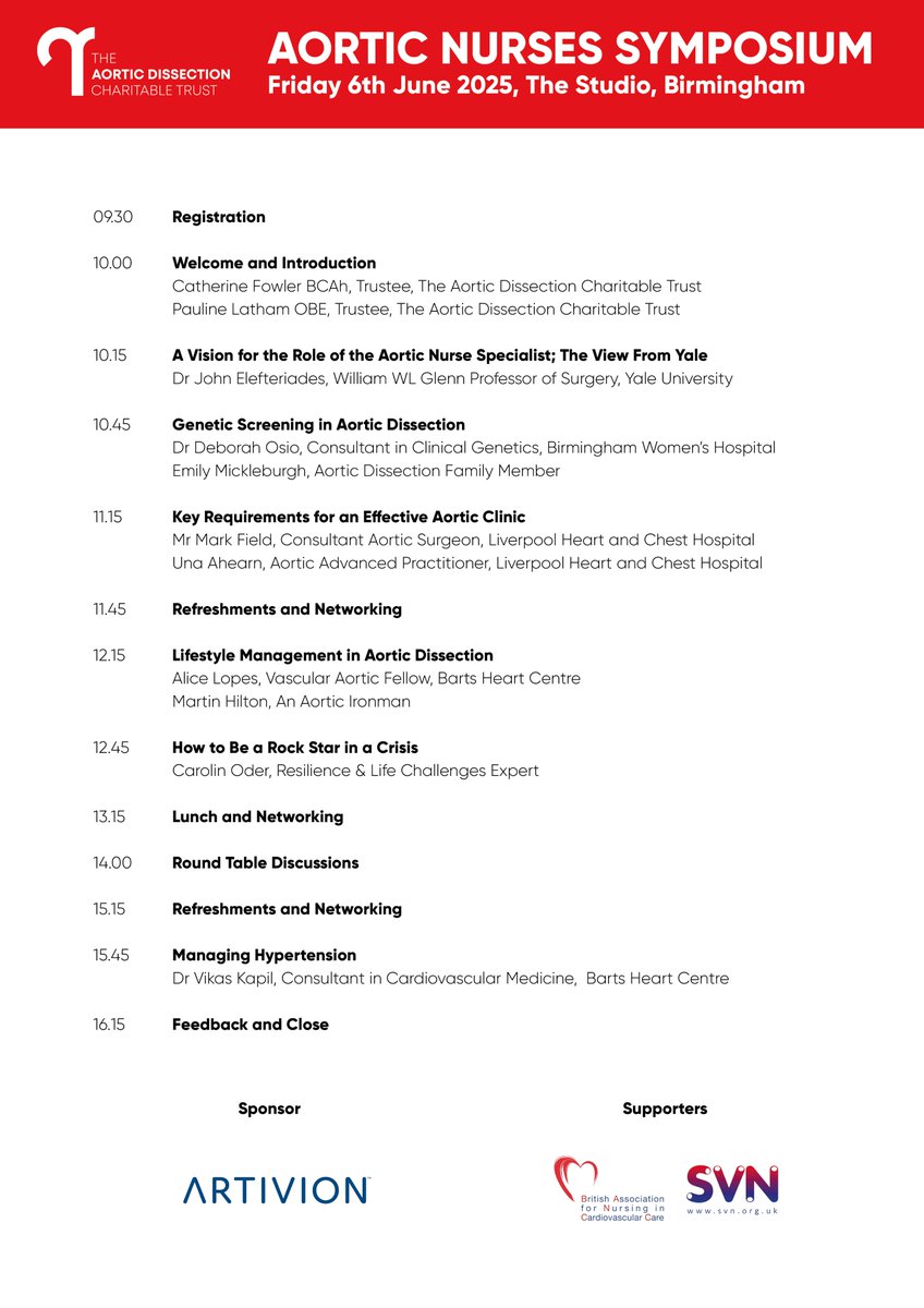 Calling all nurses &amp; AHPs. Join the forefront of aortic care at the Aortic Nurses Symposium in Birmingham, sponsored by <a href="/ArtivionInc/">Artivion</a>. Deepen your knowledge of aortopathy, patient management &amp; aortic clinic setup. Free entry + travel bursaries available. tadct.org/nurses