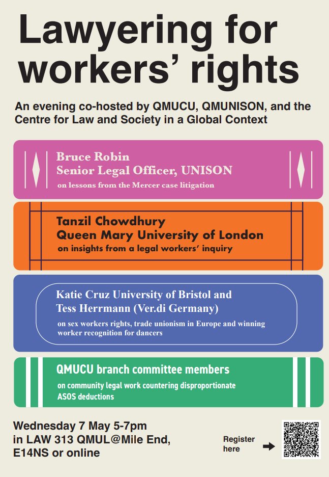 QMUL UNISON 🌵 (@qm_unison) on Twitter photo Our branch is excited to co-host with <a href="/qm_ucu/">Queen Mary UCU</a> and <a href="/clsgcQM/">Centre for Law & Society in a Global Context</a> a session on "Lawyering for workers' Rights", including <a href="/brucerobin/">Bruce Robin</a> on lessons from <a href="/unisontheunion/">UNISON - UK's largest union</a> Mercer case✨
Join us! Wed 7th May, 5-7pm, LAW 313, Mile End and online. Please register here⬇️
docs.google.com/forms/d/e/1FAI… Our branch is excited to co-host with <a href="/qm_ucu/">Queen Mary UCU</a> and <a href="/clsgcQM/">Centre for Law & Society in a Global Context</a> a session on "Lawyering for workers' Rights", including <a href="/brucerobin/">Bruce Robin</a> on lessons from <a href="/unisontheunion/">UNISON - UK's largest union</a> Mercer case✨
Join us! Wed 7th May, 5-7pm, LAW 313, Mile End and online. Please register here⬇️
docs.google.com/forms/d/e/1FAI…