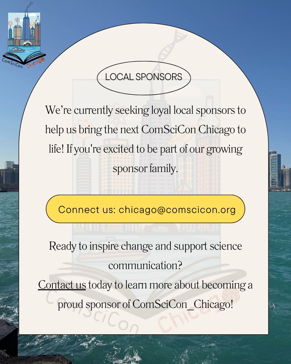 ComSciCon Chicago (@comsciconchi) on Twitter photo Wanna spark inspiration, empower science communication at ComSciCon Chicago?
We’re currently seeking local sponsors to help us bring the next ComSciCon Chicago to life! If you’re excited to be part of our growing sponsor family, connect: chicago@comscicon.org. Wanna spark inspiration, empower science communication at ComSciCon Chicago?
We’re currently seeking local sponsors to help us bring the next ComSciCon Chicago to life! If you’re excited to be part of our growing sponsor family, connect: chicago@comscicon.org.
