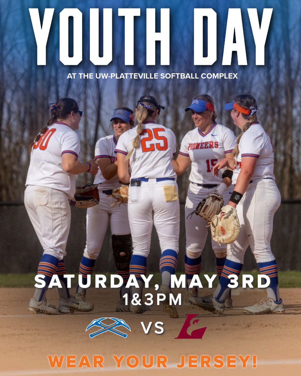 Join us this Saturday for Youth Day at the UW-Platteville Softball Complex! 

All kids who wear their team jersey will get in free. Stick around after the games for pictures with the Pioneer players!

#SwingTheAxe
#uwplatteville
#UWPlattevilleSoftball