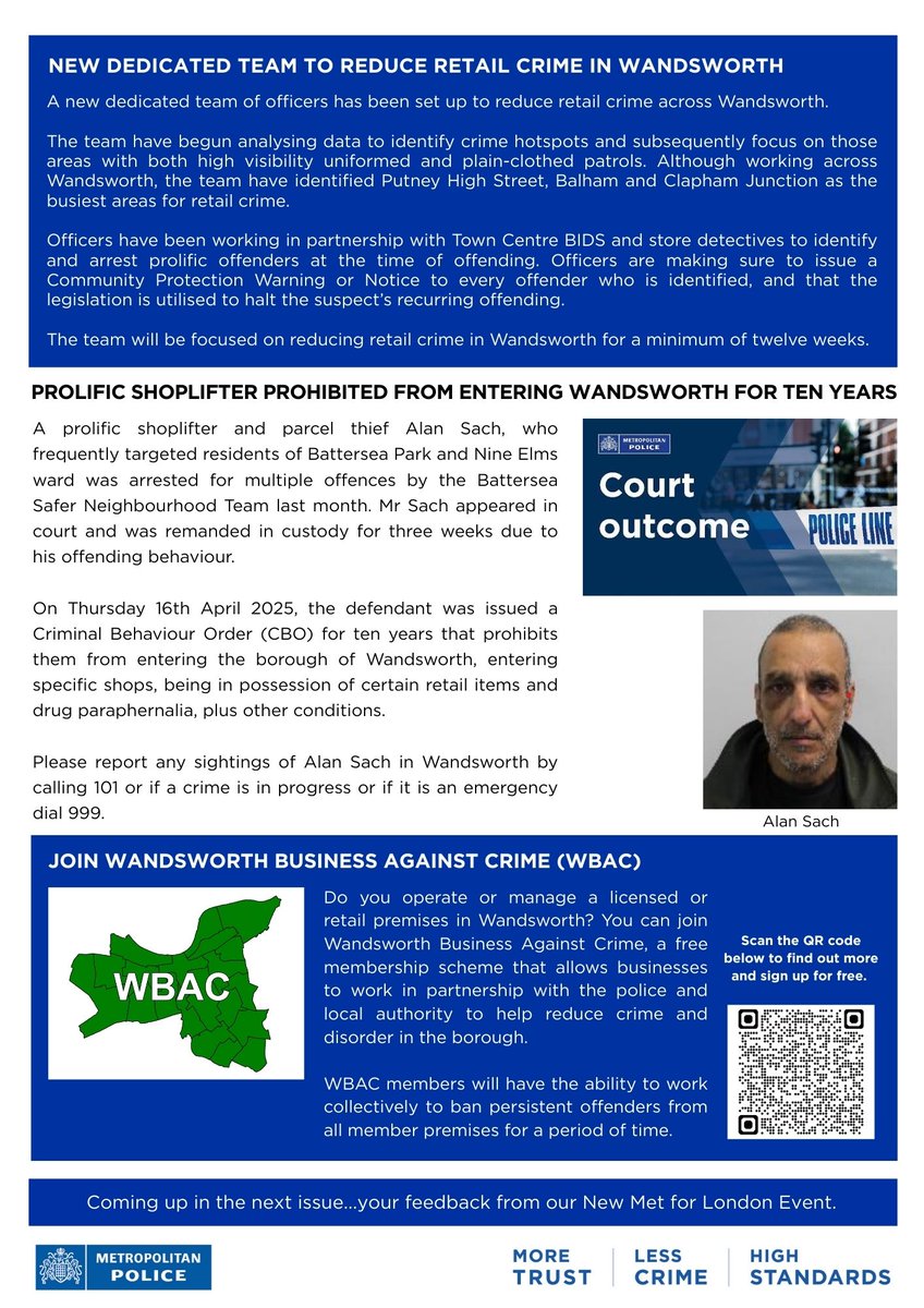 You can now read the latest issue of our newsletter, a bi-weekly publication, designed to inform the wider community of the positive work local officers are undertaking to reduce crime in Wandsworth. 

Read about how officers have been tackling retail crime in the borough.