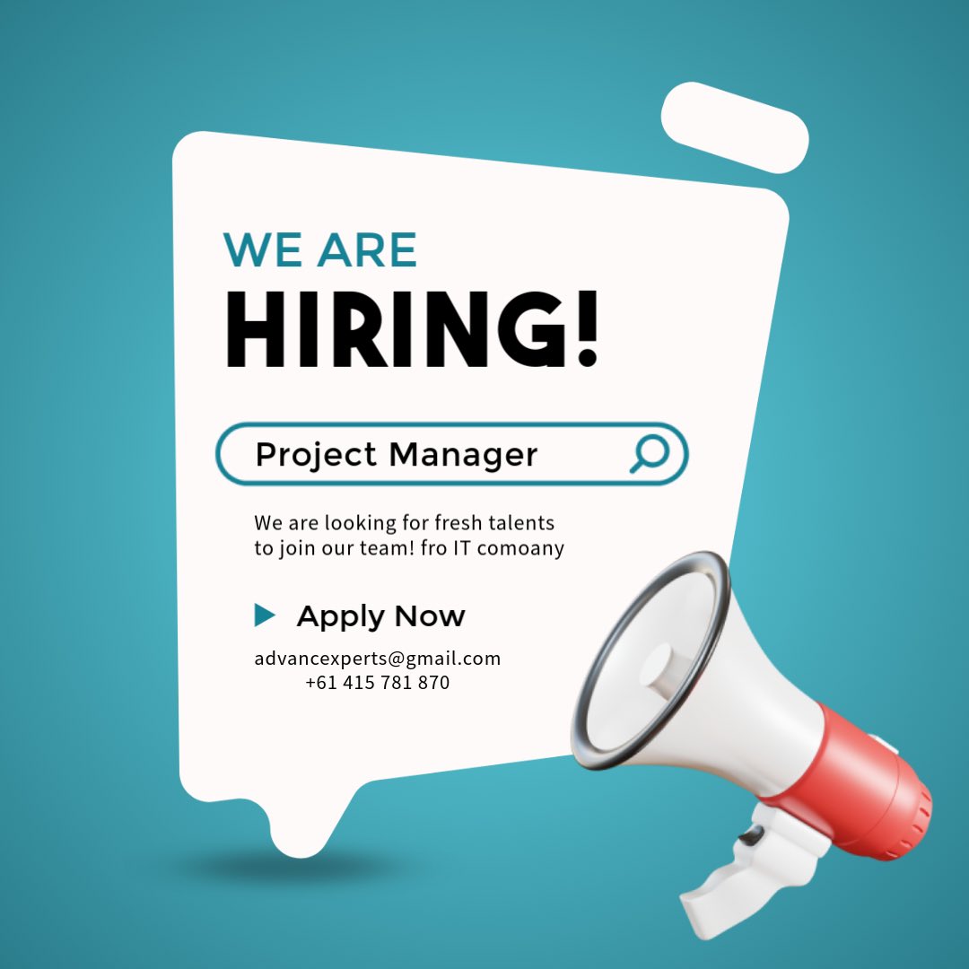 ADVANCE XPERTS 

We need a project manger
For our business specialising in 
V Management &amp; IT Expertise
• E Commerce Trainings
V Career Grooming
*Project Development
V WEB,APP and SOFTWARE development

Contact +61 415 781 870
mailto:jobs@advancexperts.com