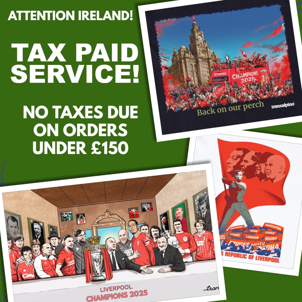 Retweets off Irish Reds Welcome.

Attention Ireland!
All orders under £150 will be tax free to the customer on our duty paid service.
#irishreds #liverpool #irishkopites #liverpoolfc 

transalpino.co.uk/collections/li…