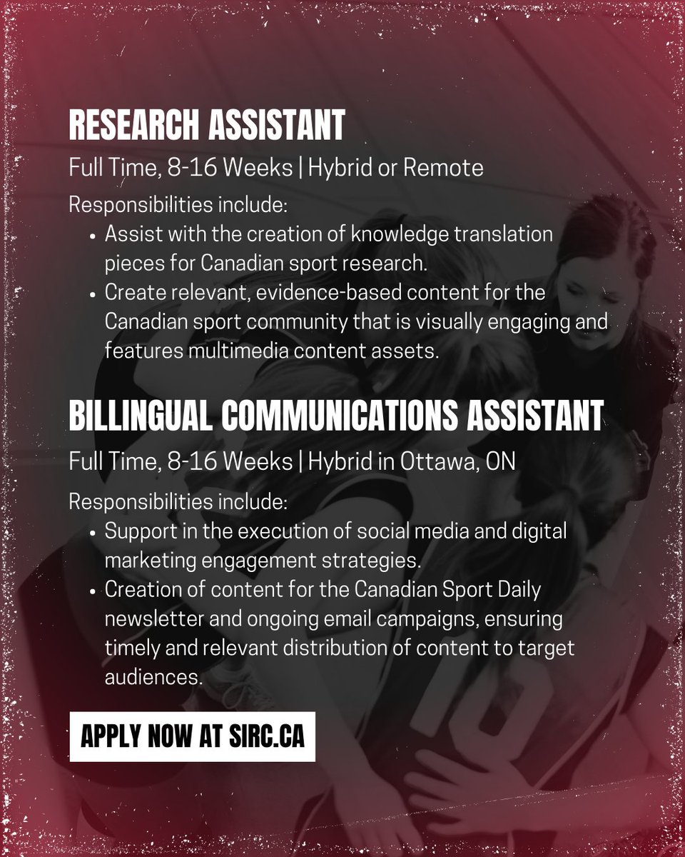 Join the SIRC team! We are hiring 2 students for the summer to work with our communications and research teams 🤳📑 
✨ Research Assistant ➡️ bit.ly/4jRDju7  
✨ Bilingual Communications Assistant ➡️ bit.ly/3Si3AWF