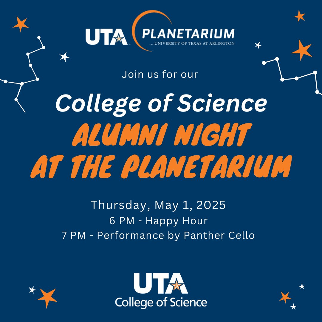 COS Alumni Night at the Planetarium is Thursday, May 1! It will include a happy hour at 6 p.m. with appetizers, drinks, and giveaways, followed by a concert at 7 p.m. by Panther Cello, Fort Worth cellist Kasey Dixon. Free parking in Lot F10. Please RSVP at bit.ly/3EilRjs